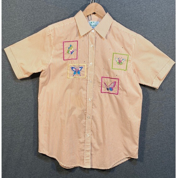 The Quacker Factory Tops - The‎ Quacker Factory Orange Stripe Butterfly Button Up Shirt Women's Small